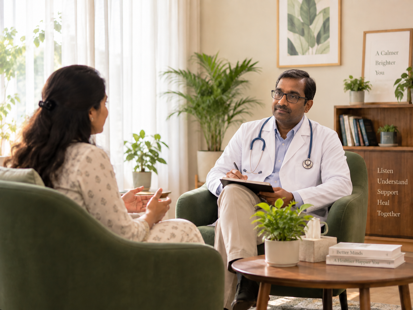 Dr. Jagadish consulting with a patient in a calm, sunlit clinic room