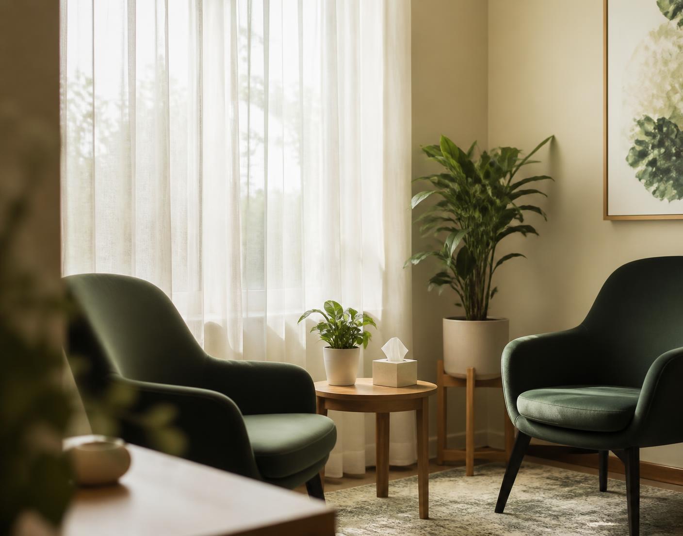 Calm consultation room with soft daylight, green armchairs and plants